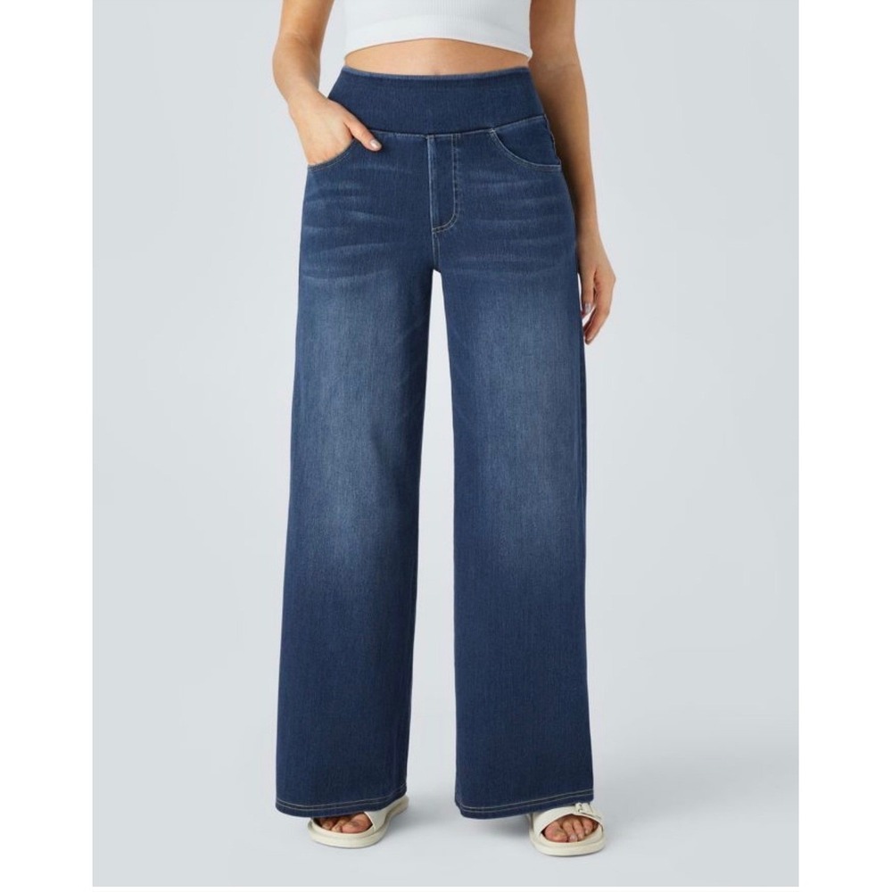 Halara Flex High Waisted Baggy Wide Leg Jeans Womens Small* Pull On Blue Denim